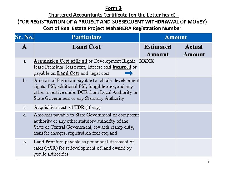 Form 3 Chartered Accountants Certificate (on the Letter head) (FOR REGISTRATION OF A PROJECT