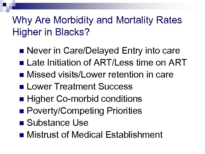 Why Are Morbidity and Mortality Rates Higher in Blacks? Never in Care/Delayed Entry into