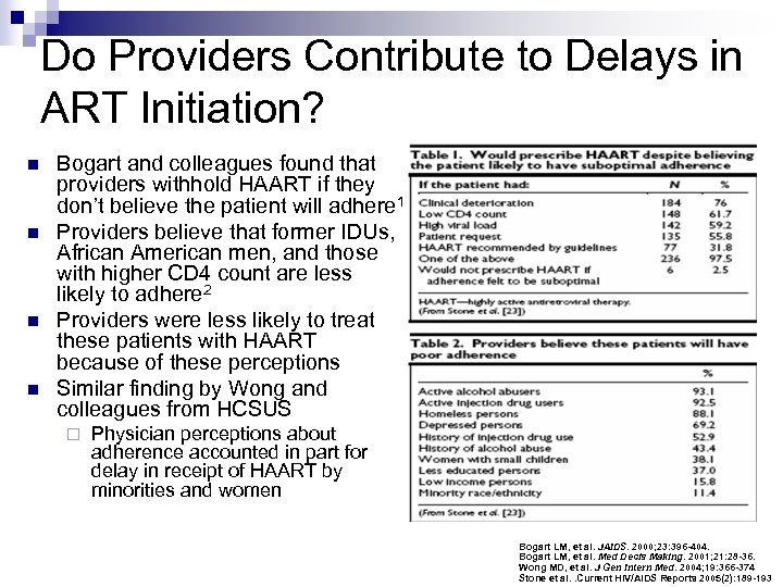 Do Providers Contribute to Delays in ART Initiation? n n Bogart and colleagues found