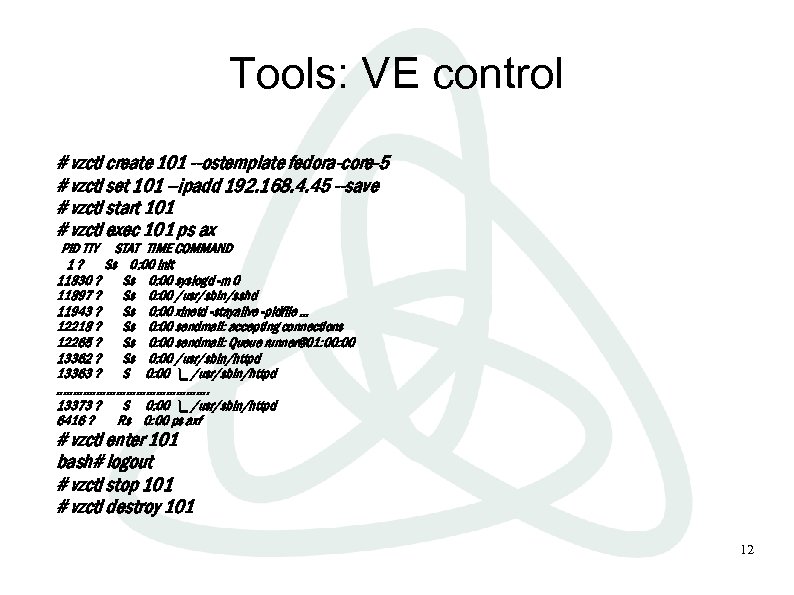 Tools: VE control # vzctl create 101 --ostemplate fedora-core-5 # vzctl set 101 --ipadd