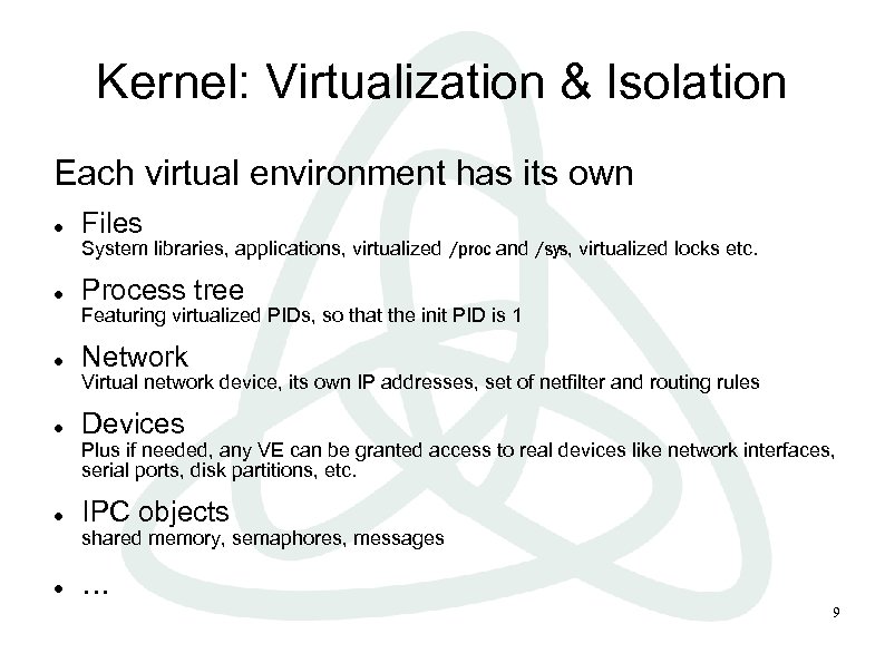 Kernel: Virtualization & Isolation Each virtual environment has its own Files System libraries, applications,
