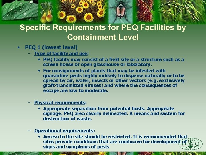 Specific Requirements for PEQ Facilities by Containment Level • PEQ 1 (lowest level) –