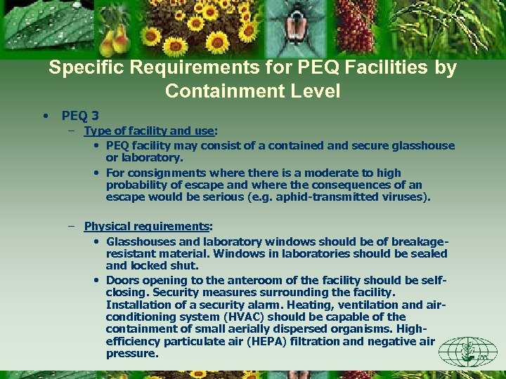 Specific Requirements for PEQ Facilities by Containment Level • PEQ 3 – Type of