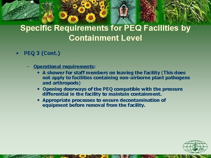 Specific Requirements for PEQ Facilities by Containment Level • PEQ 3 (Cont. ) –