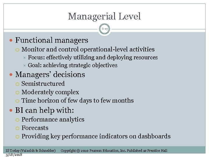 Managerial Level 8 -23 Functional managers Monitor and control operational-level activities Focus: effectively utilizing