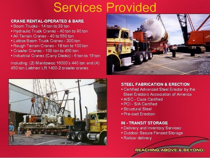 Services Provided CRANE RENTAL-OPERATED & BARE • Boom Trucks - 14 ton to 33