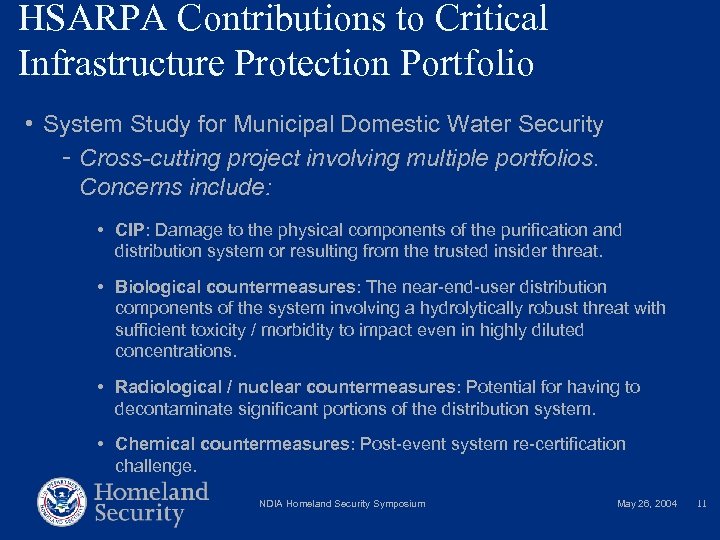HSARPA Contributions to Critical Infrastructure Protection Portfolio • System Study for Municipal Domestic Water