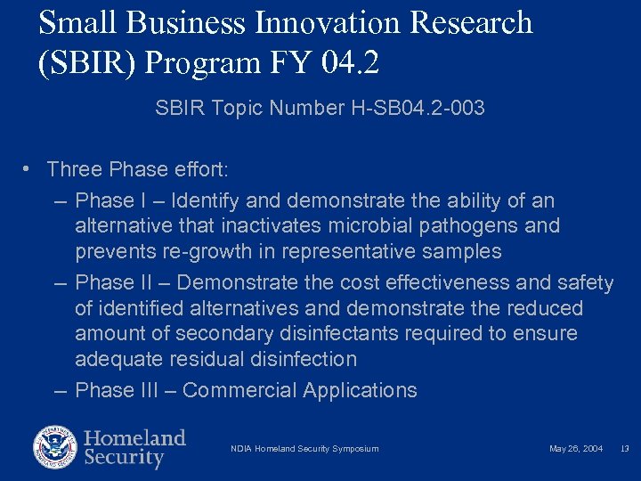 Small Business Innovation Research (SBIR) Program FY 04. 2 SBIR Topic Number H-SB 04.