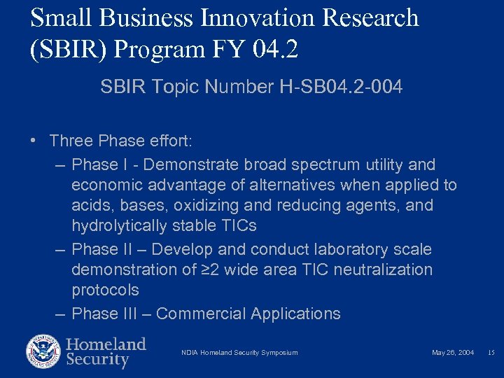 Small Business Innovation Research (SBIR) Program FY 04. 2 SBIR Topic Number H-SB 04.