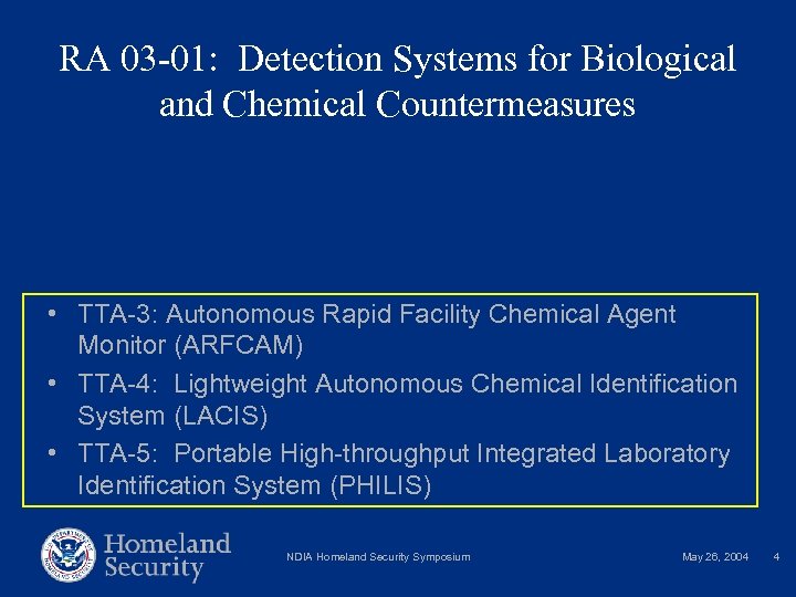 RA 03 -01: Detection Systems for Biological and Chemical Countermeasures • TTA-1: Bioagent Autonomous