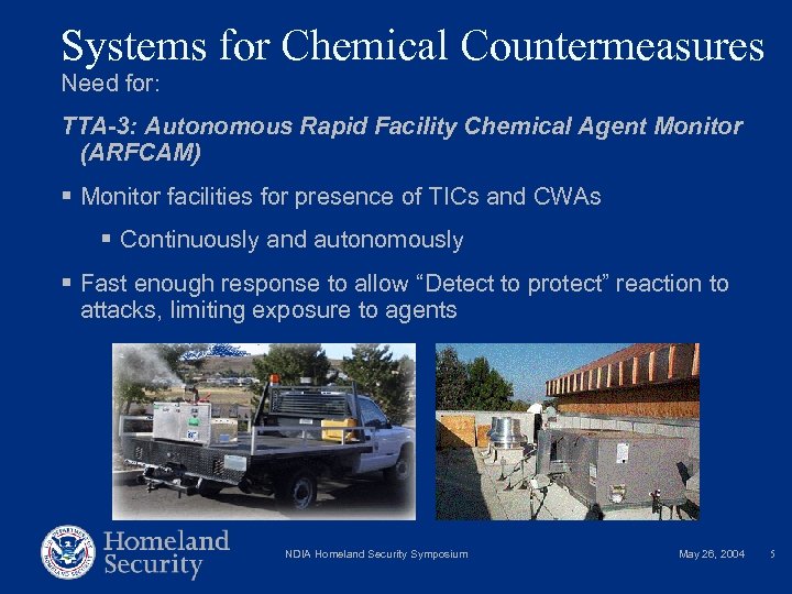 Systems for Chemical Countermeasures Need for: TTA-3: Autonomous Rapid Facility Chemical Agent Monitor (ARFCAM)