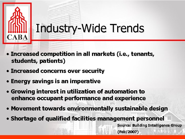 Industry-Wide Trends • Increased competition in all markets (i. e. , tenants, students, patients)