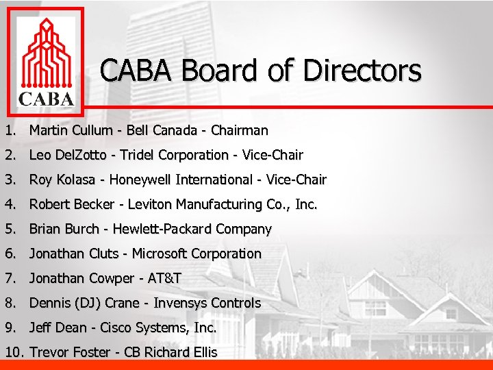 CABA Board of Directors 1. Martin Cullum - Bell Canada - Chairman 2. Leo