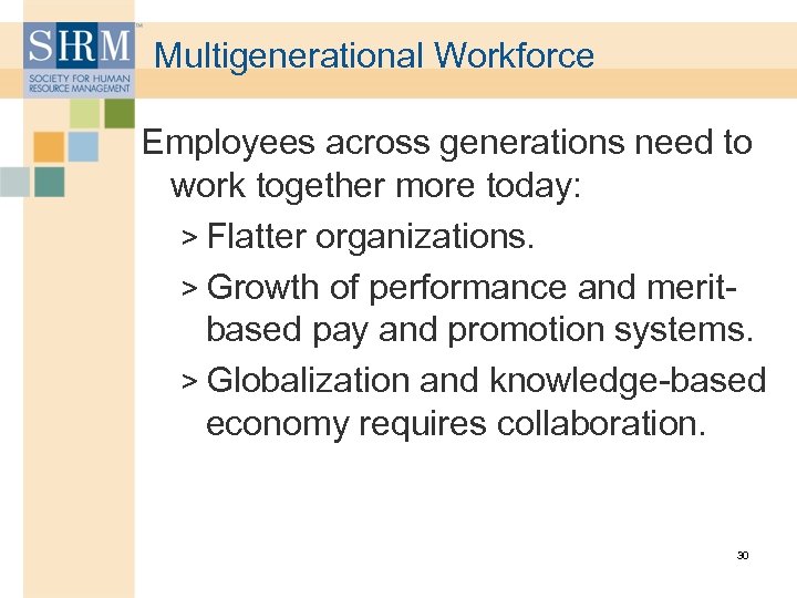 Multigenerational Workforce Employees across generations need to work together more today: > Flatter organizations.