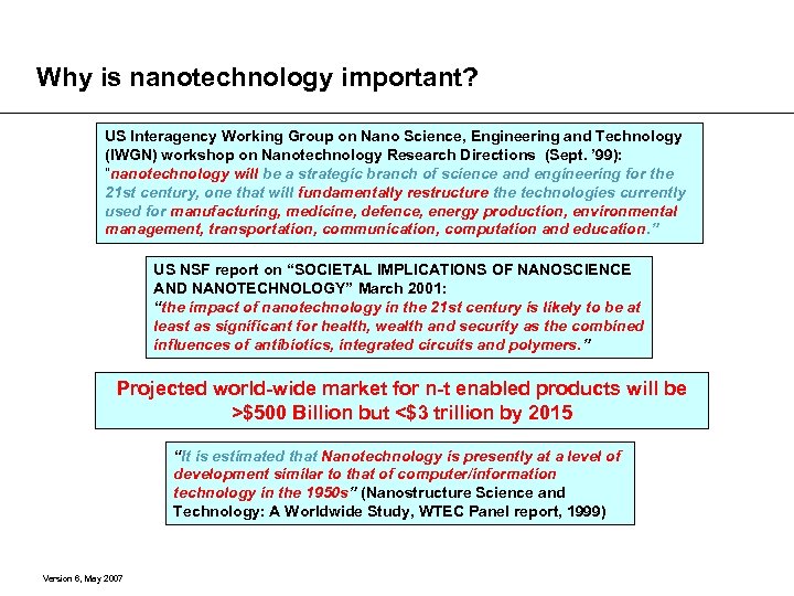 Why is nanotechnology important? US Interagency Working Group on Nano Science, Engineering and Technology
