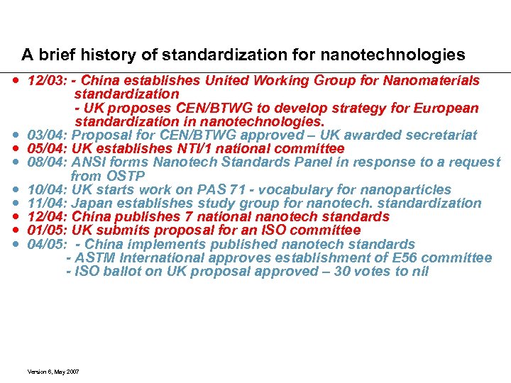 A brief history of standardization for nanotechnologies 12/03: - China establishes United Working Group