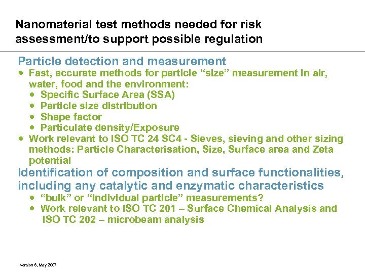 Nanomaterial test methods needed for risk assessment/to support possible regulation Particle detection and measurement