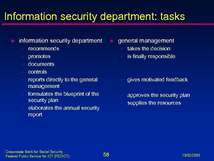 Information security department: tasks n information security department - general management - takes the