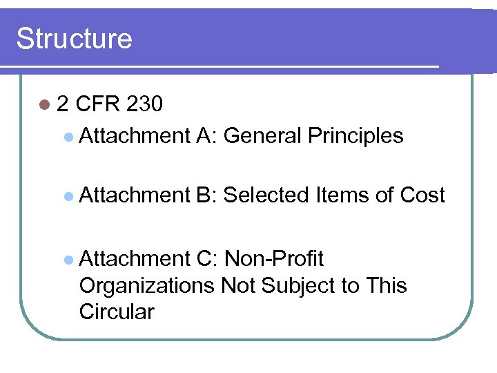 Structure l 2 CFR 230 l Attachment A: General Principles l Attachment B: Selected