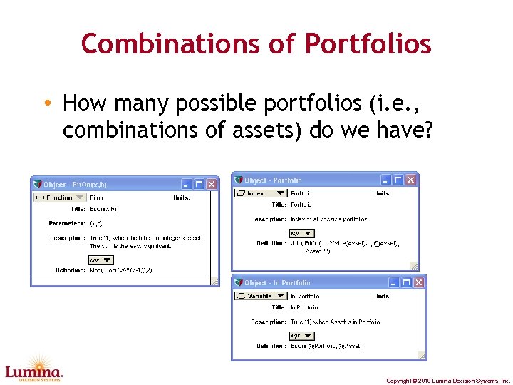 Combinations of Portfolios • How many possible portfolios (i. e. , combinations of assets)