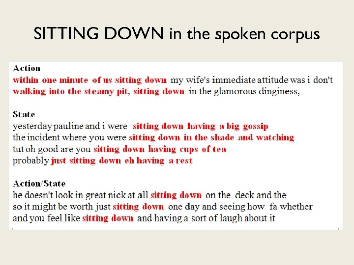 SITTING DOWN in the spoken corpus 