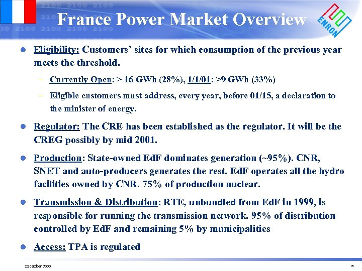 France Power Market Overview l Eligibility: Customers’ sites for which consumption of the previous