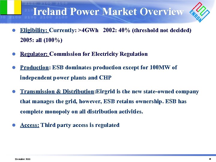 Ireland Power Market Overview l Eligibility: Currently: >4 GWh 2002: 40% (threshold not decided)