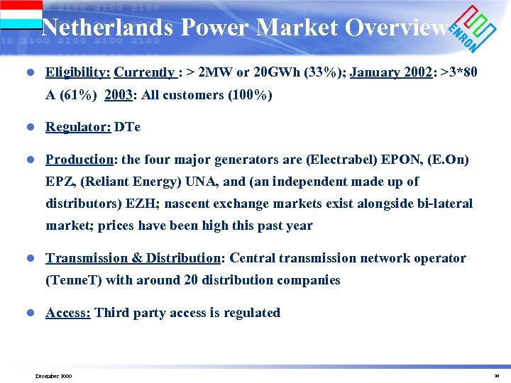 Netherlands Power Market Overview l Eligibility: Currently : > 2 MW or 20 GWh