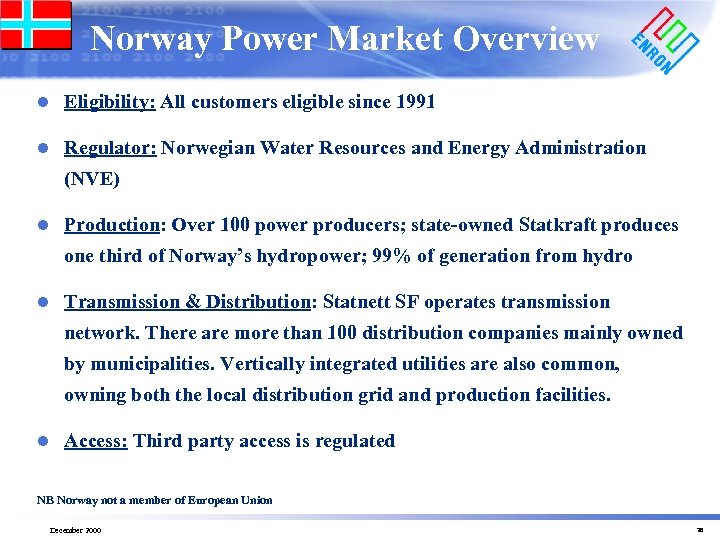 Norway Power Market Overview l Eligibility: All customers eligible since 1991 l Regulator: Norwegian