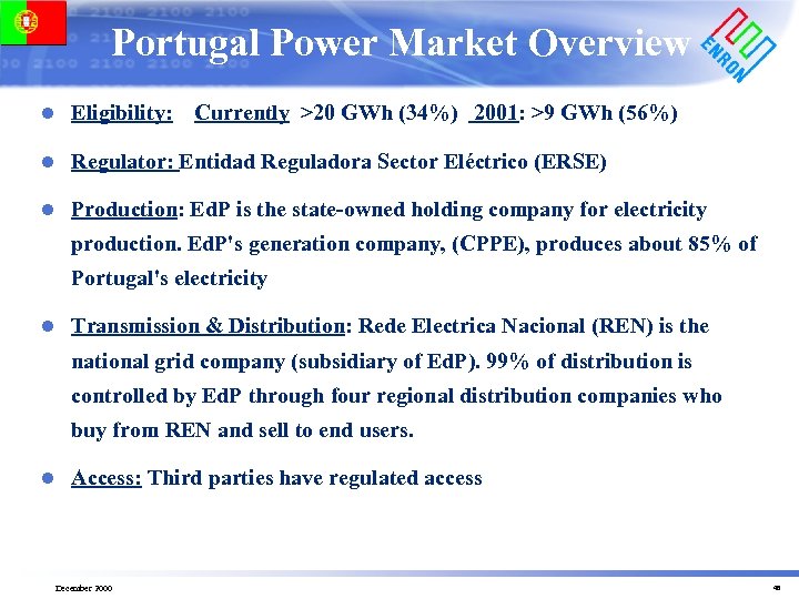 Portugal Power Market Overview l Eligibility: Currently >20 GWh (34%) 2001: >9 GWh (56%)
