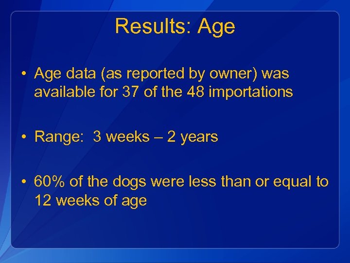 Results: Age • Age data (as reported by owner) was available for 37 of
