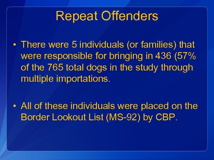 Repeat Offenders • There were 5 individuals (or families) that were responsible for bringing
