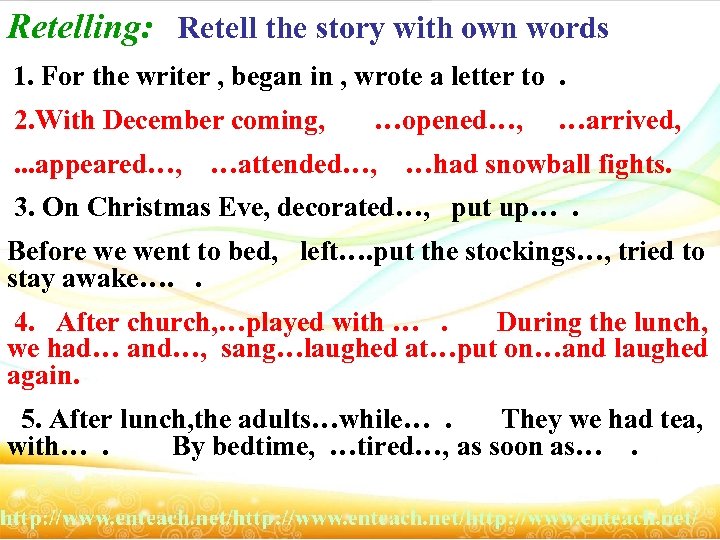 Retelling: Retell the story with own words 1. For the writer , began in