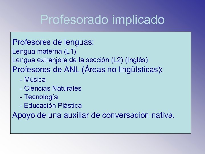 Profesorado implicado Profesores de lenguas: Lengua materna (L 1) Lengua extranjera de la sección