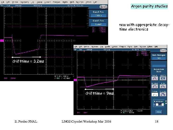 Argon purity studies now with appropriate decaytime electronics drifttime = 3. 2 ms drifttime