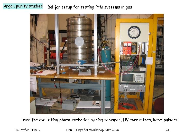 Argon purity studies Belljar setup for testing Pr. M systems in gas used for