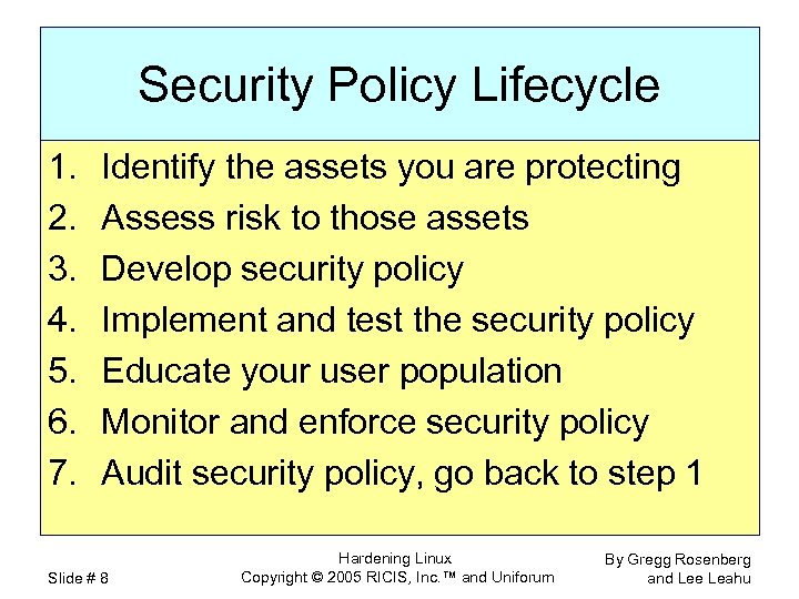 Security Policy Lifecycle 1. 2. 3. 4. 5. 6. 7. Identify the assets you