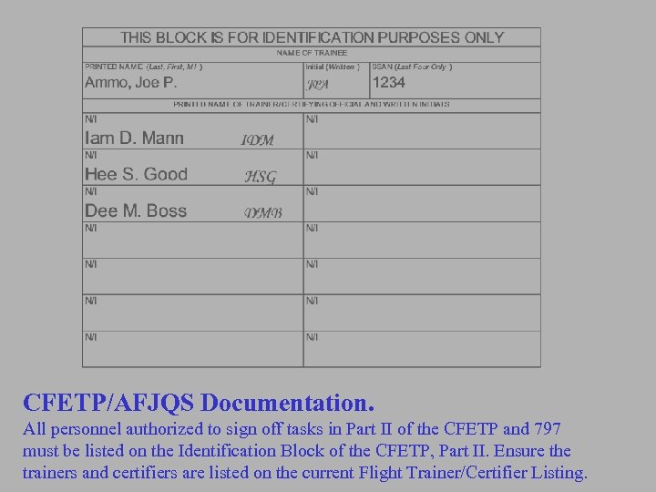 CFETP/AFJQS Documentation. All personnel authorized to sign off tasks in Part II of the