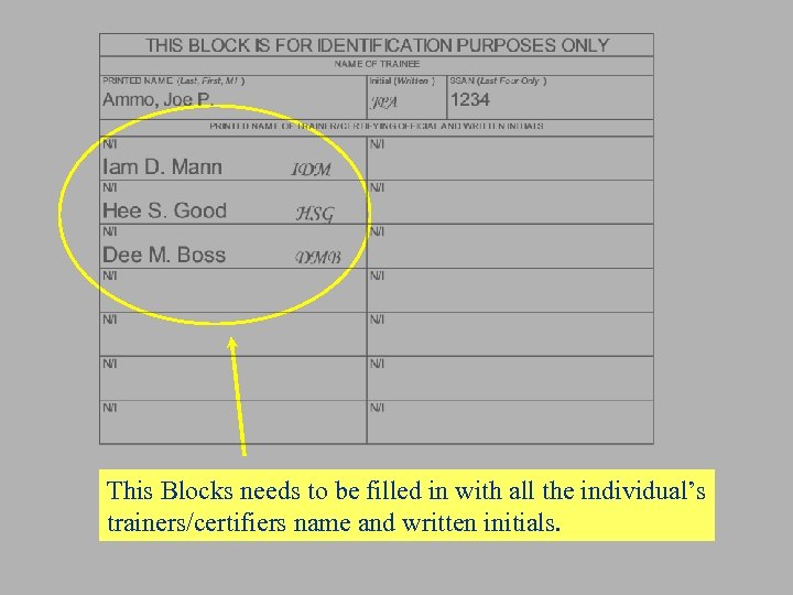 This Blocks needs to be filled in with all the individual’s trainers/certifiers name and