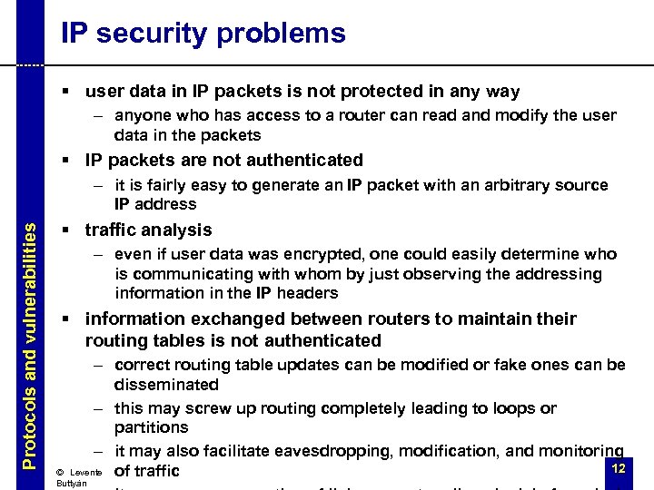 IP security problems § user data in IP packets is not protected in any