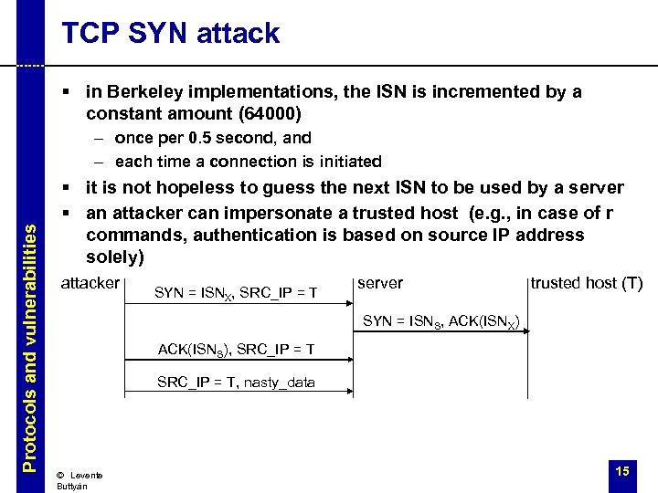 TCP SYN attack § in Berkeley implementations, the ISN is incremented by a constant