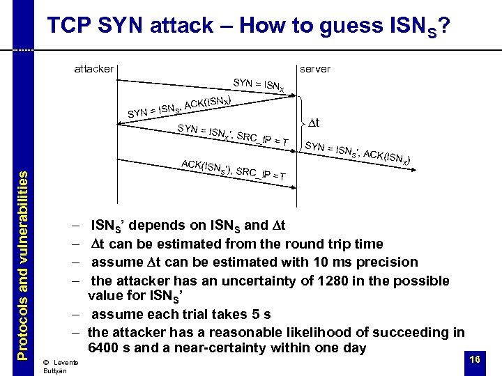 TCP SYN attack – How to guess ISNS? server attacker SYN = ISN X