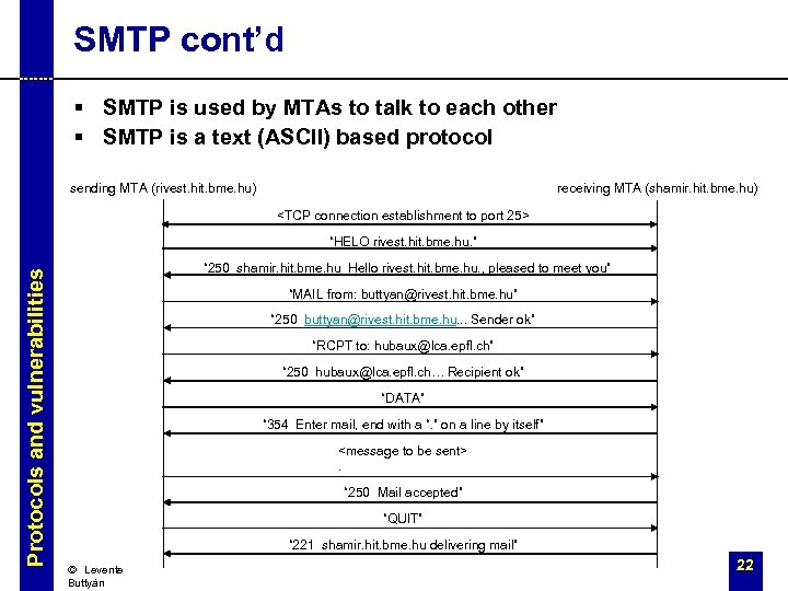 SMTP cont’d § SMTP is used by MTAs to talk to each other §