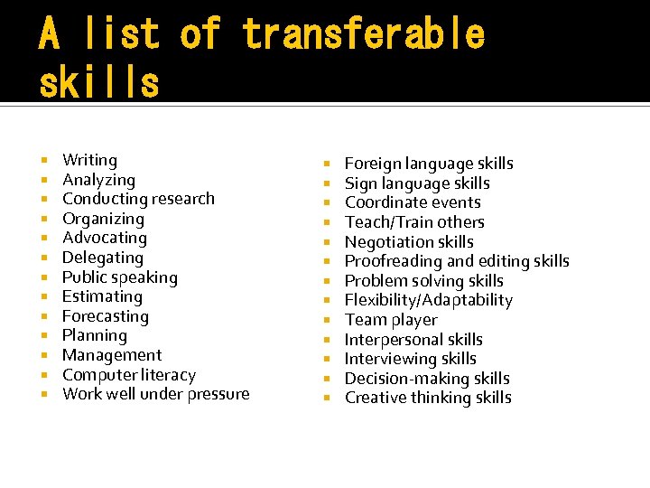 A list of transferable skills Writing Analyzing Conducting research Organizing Advocating Delegating Public speaking