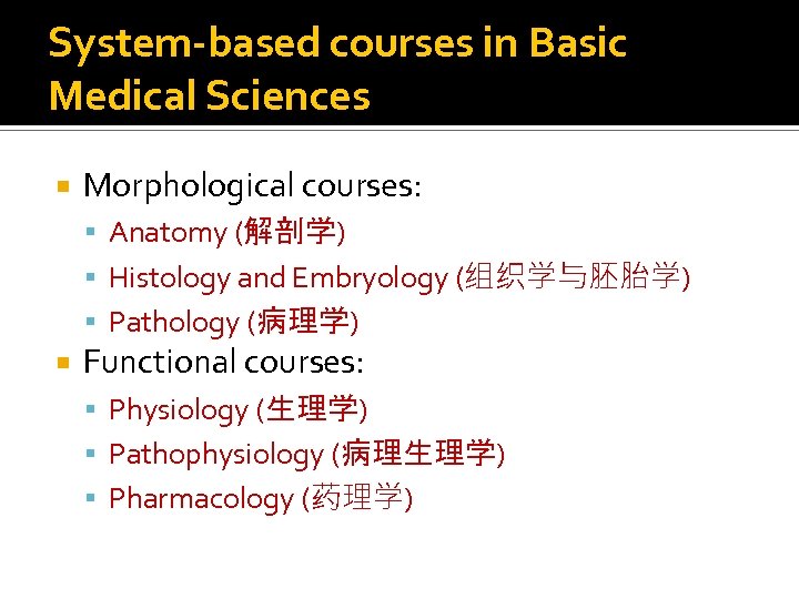System-based courses in Basic Medical Sciences Morphological courses: Anatomy (解剖学) Histology and Embryology (组织学与胚胎学)