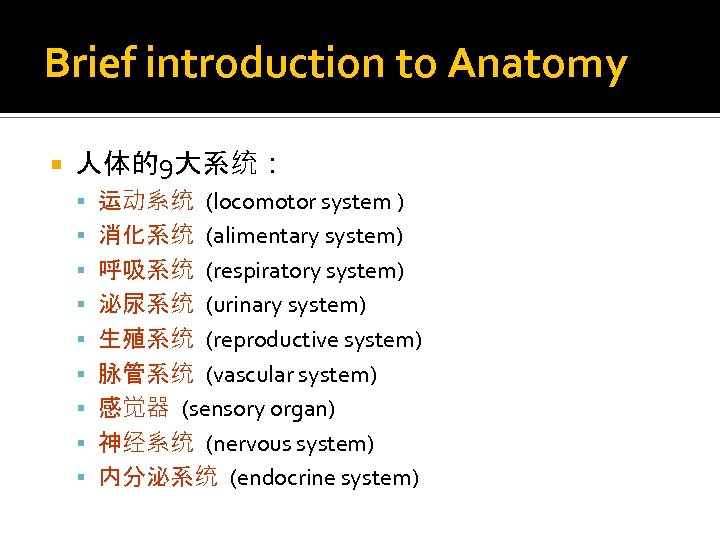 Brief introduction to Anatomy 人体的9大系统： 运动系统 (locomotor system ) 消化系统 (alimentary system) 呼吸系统 (respiratory