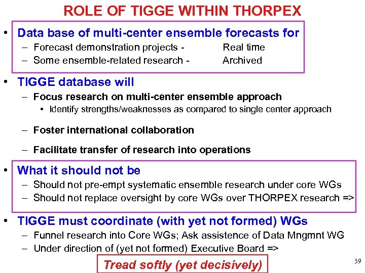 ROLE OF TIGGE WITHIN THORPEX • Data base of multi-center ensemble forecasts for –