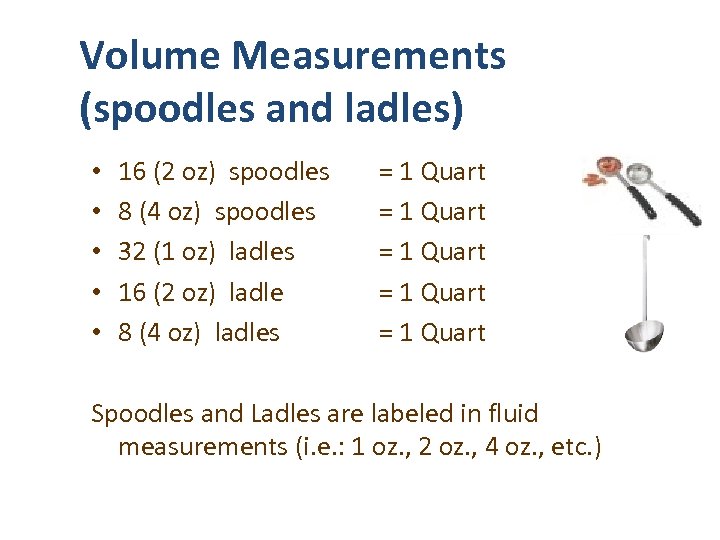 Volume Measurements (spoodles and ladles) • • • 16 (2 oz) spoodles 8 (4