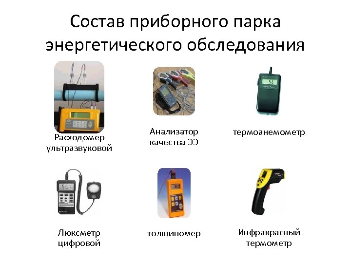 Состав приборного парка энергетического обследования Расходомер ультразвуковой Люксметр цифровой Анализатор качества ЭЭ термоанемометр толщиномер