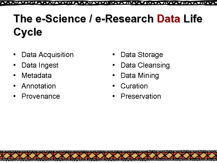 The e-Science / e-Research Data Life Cycle • • • Data Acquisition Data Ingest